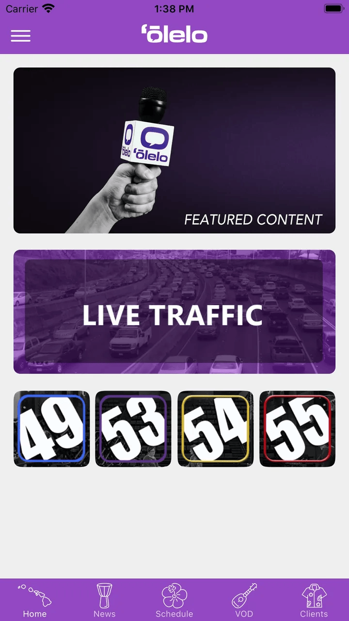 Home screen of the 'Ōlelo app on iPhone, with a Featured Content banner, a Live Traffic button and four tiles for channels 49, 53, 54 and 55