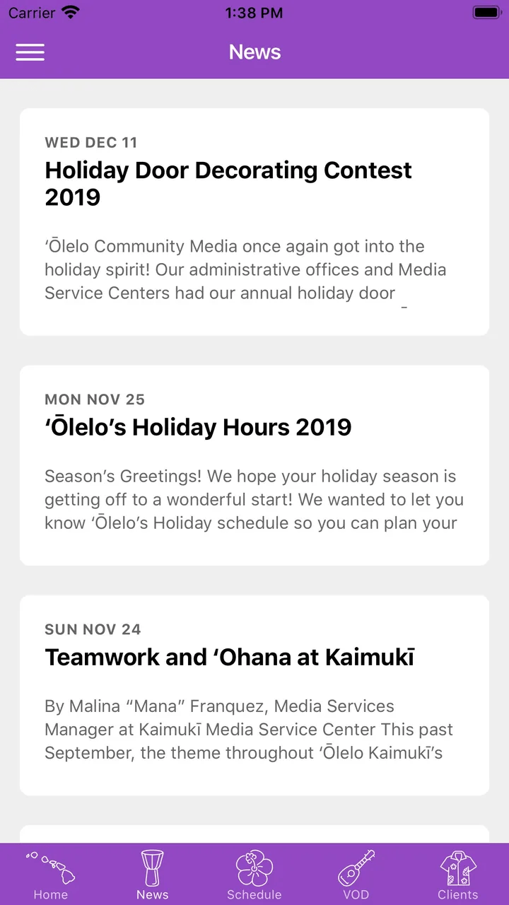 News screen of the 'Ōlelo app on iPhone, showing dated community news posts such as a holiday door decorating contest