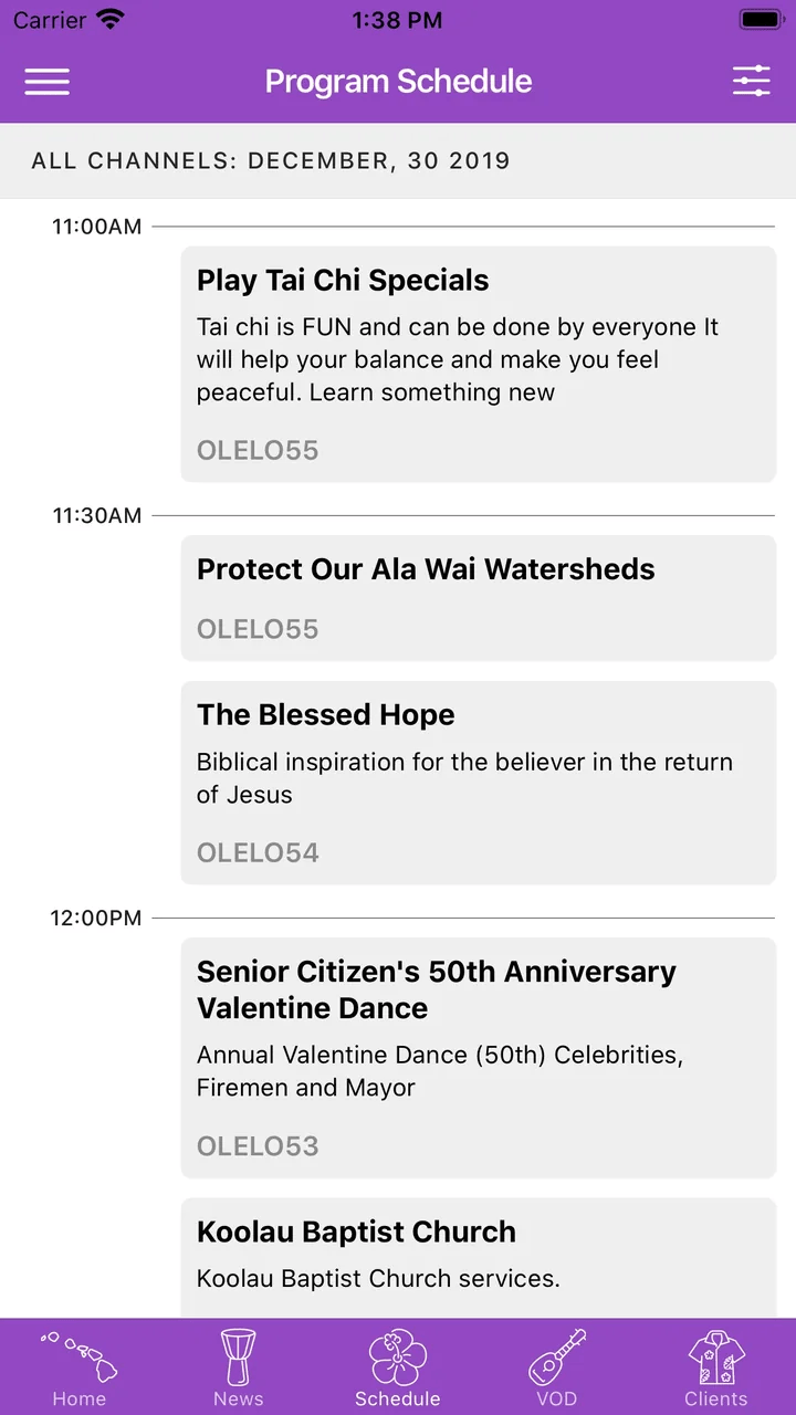 Program Schedule screen of the 'Ōlelo app on iPhone, listing the day's shows by start time with a short description of each