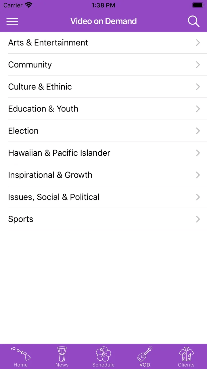 Video on Demand screen of the 'Ōlelo app on iPhone, listing categories such as Arts and Entertainment, Community, Education and Youth, and Election