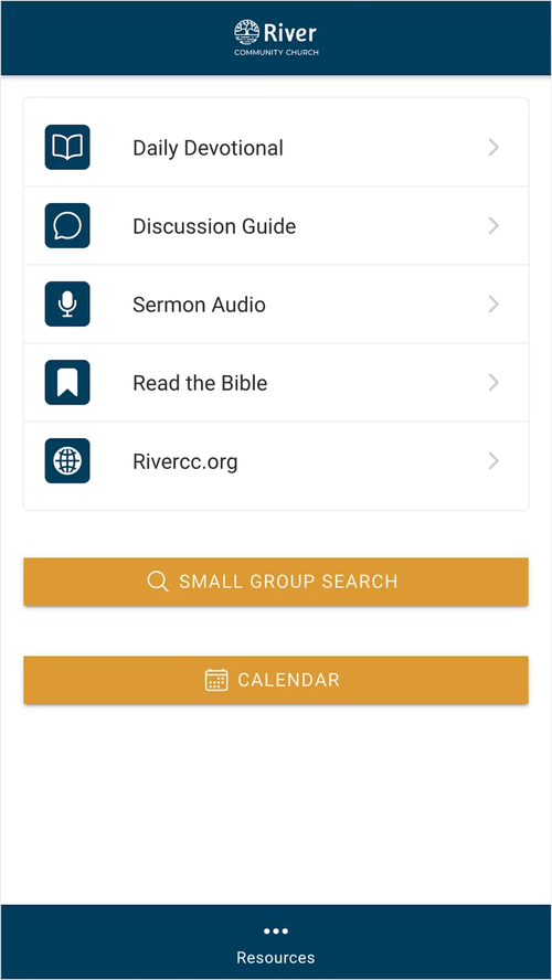 River Community app menu with daily devotional, discussion guide and sermon audio