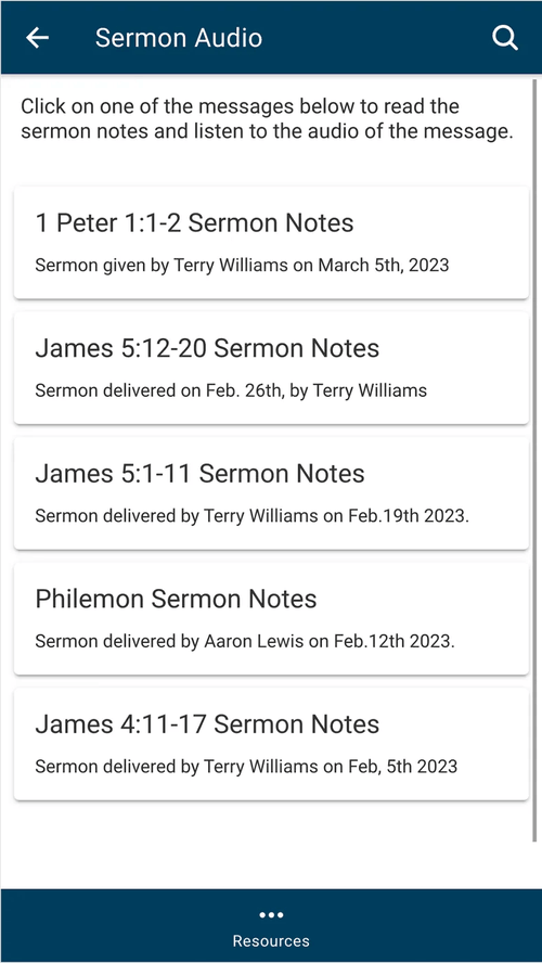 River Community app sermon audio and notes list