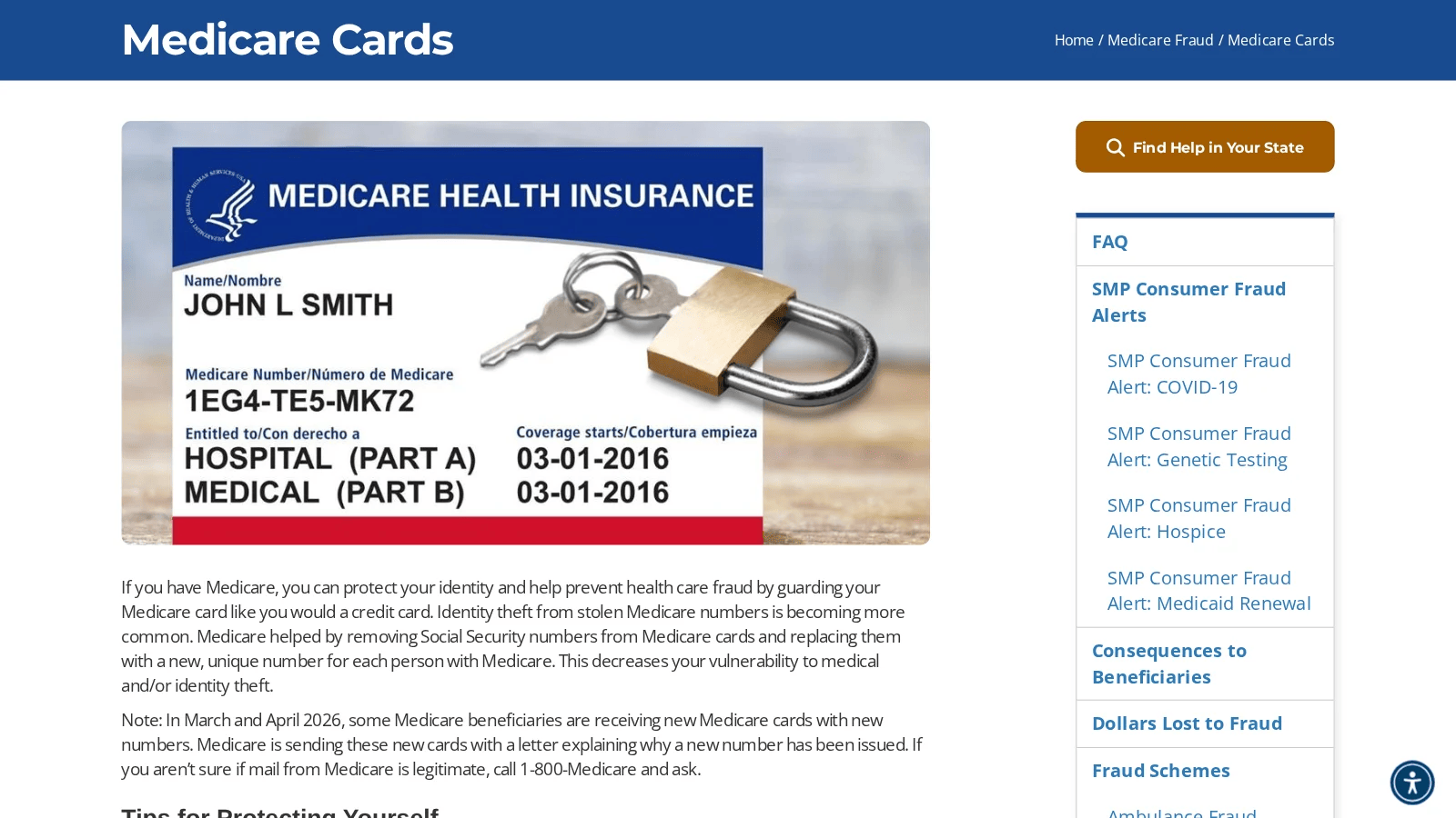 Medicare Cards page with a sample Medicare card and tips for protecting your Medicare number