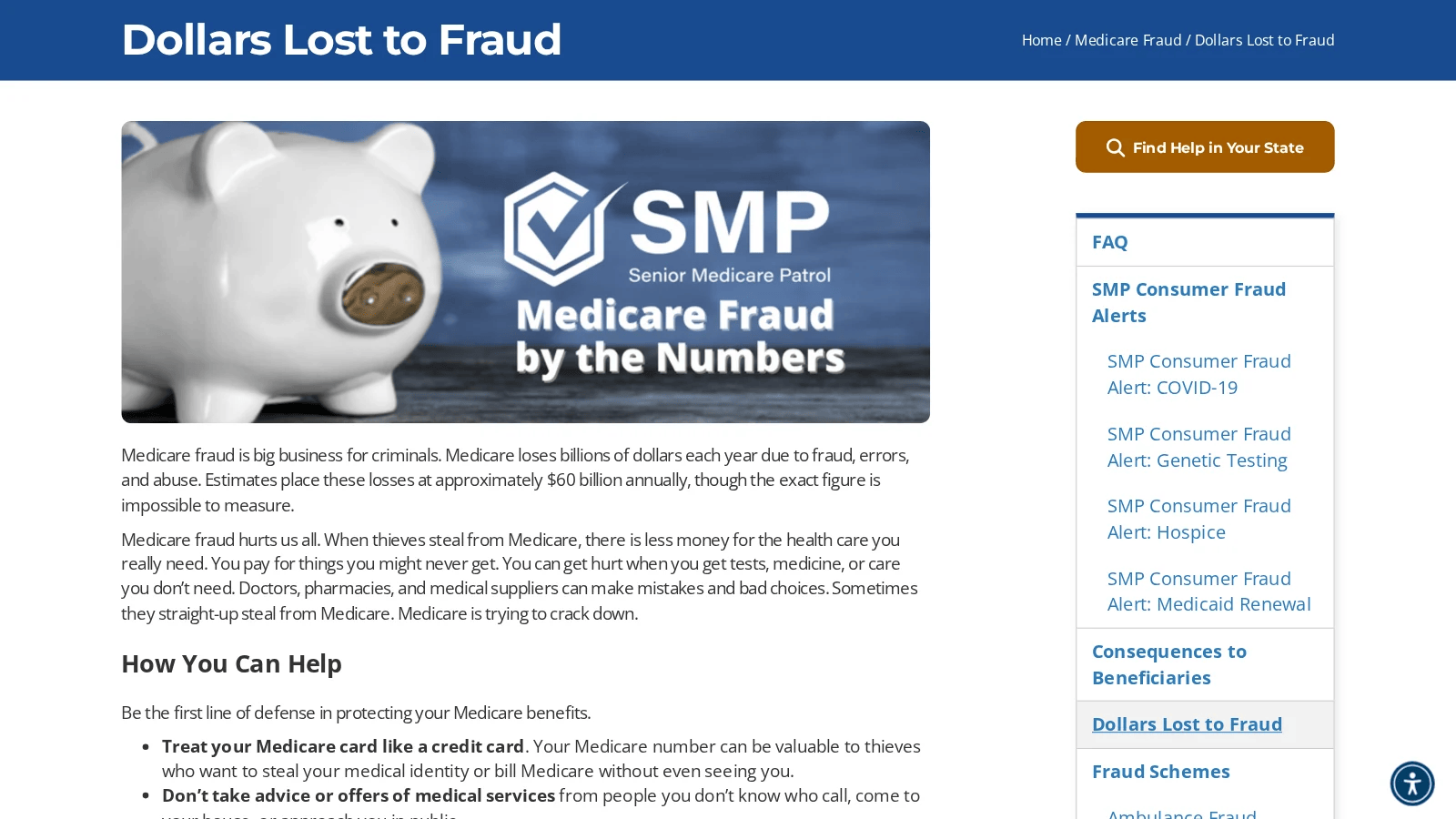 Dollars Lost to Fraud page with an SMP by the numbers graphic and an explanation of what fraud costs Medicare