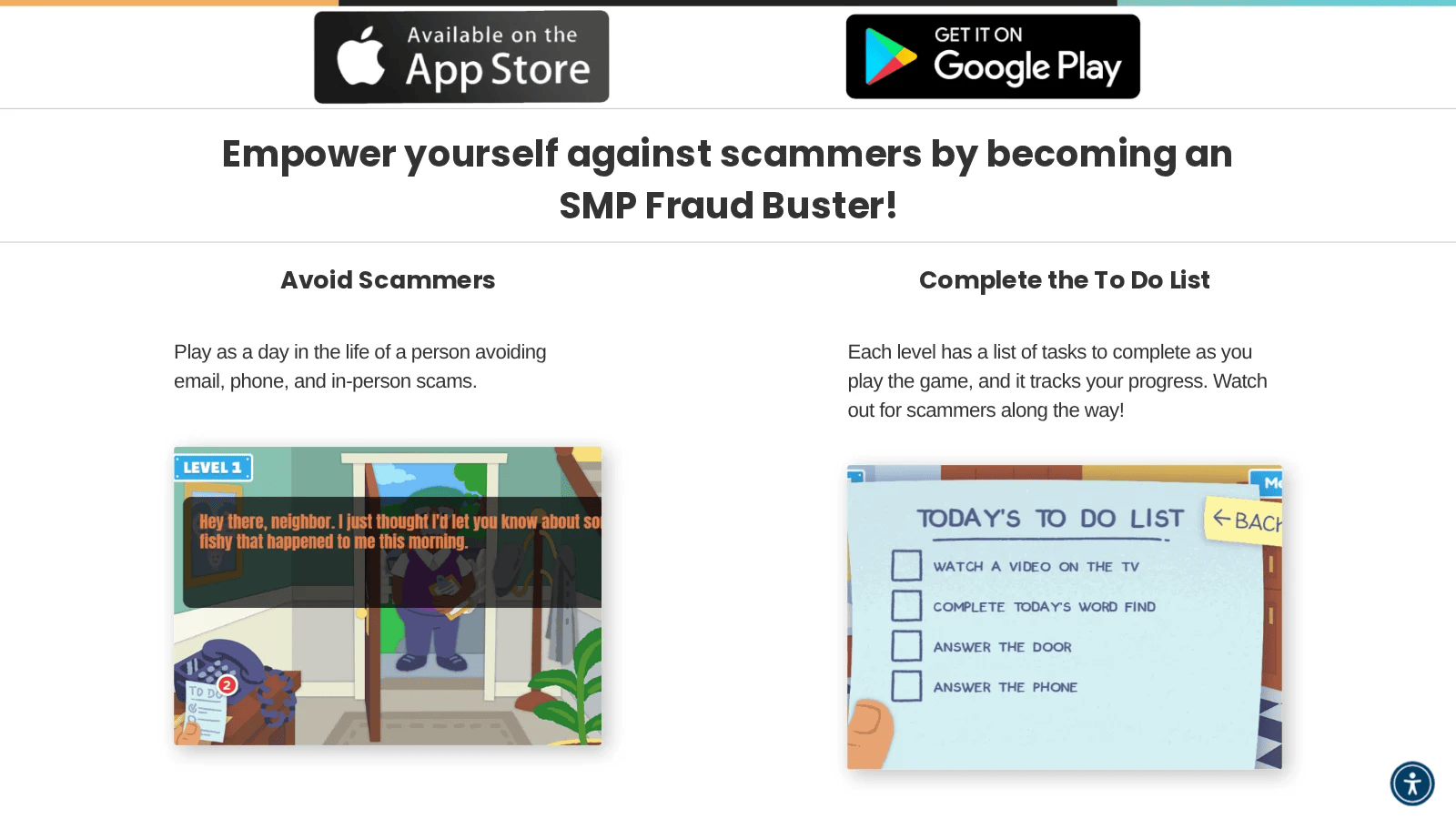 SMP Fraud Busters page on smpresource.org listing Avoid Scammers, Complete the To Do List, Play Brain Games and Earn Badges