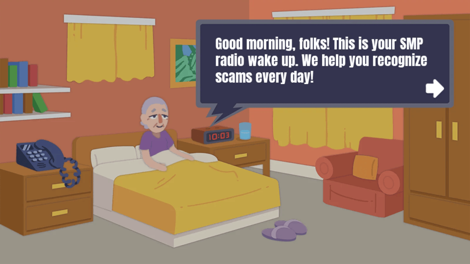 SMP Fraud Busters bedroom scene where an SMP radio wake up message greets the player