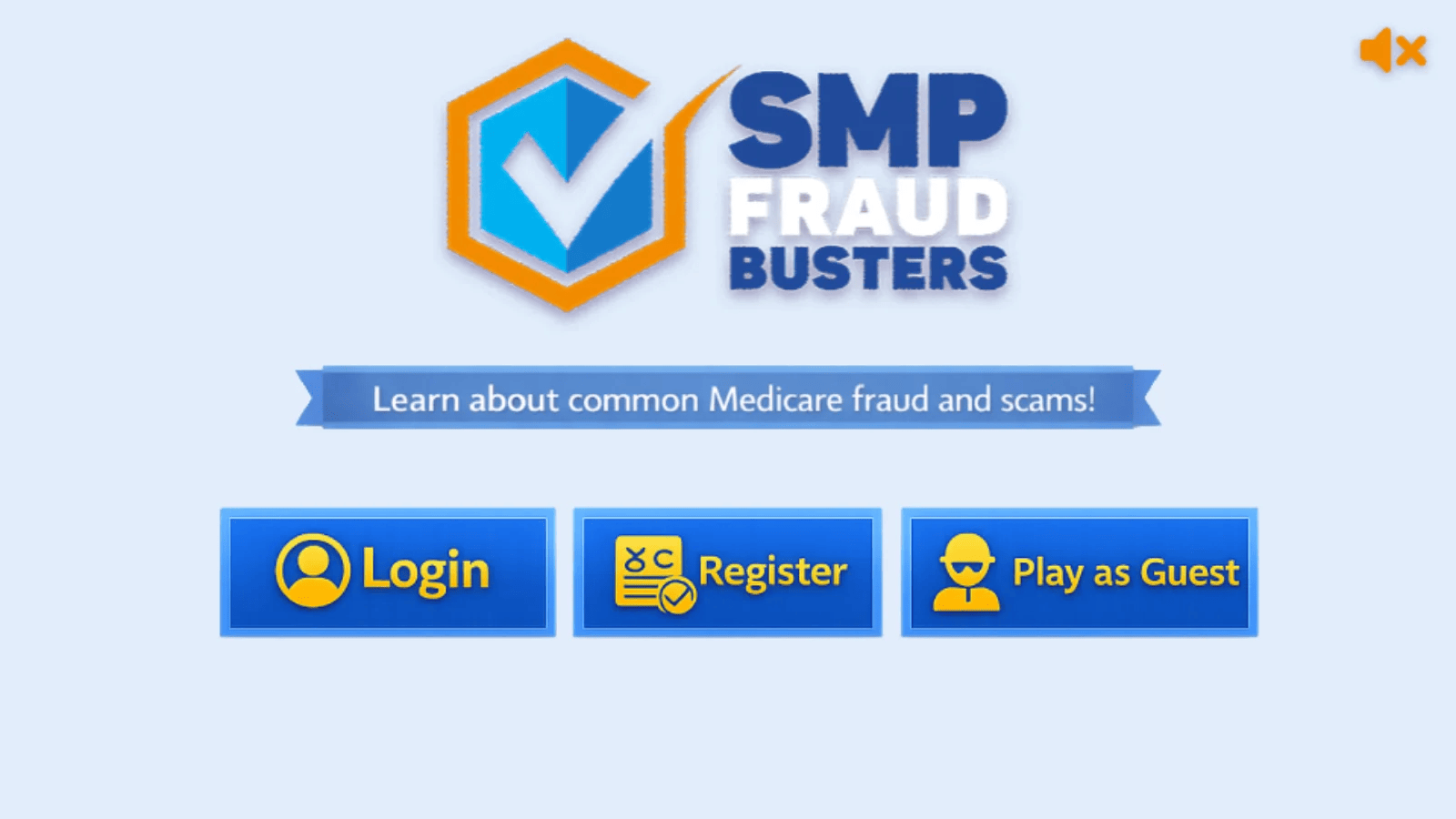 SMP Fraud Busters title screen with Login, Register and Play as Guest buttons