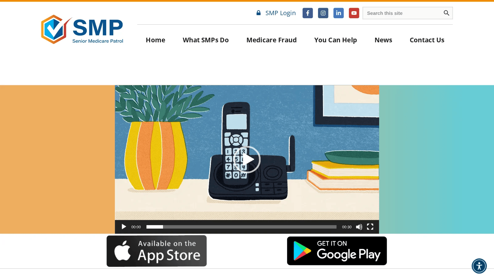 Where to play SMP Fraud Busters section with App Store and Google Play badges and a link to play online