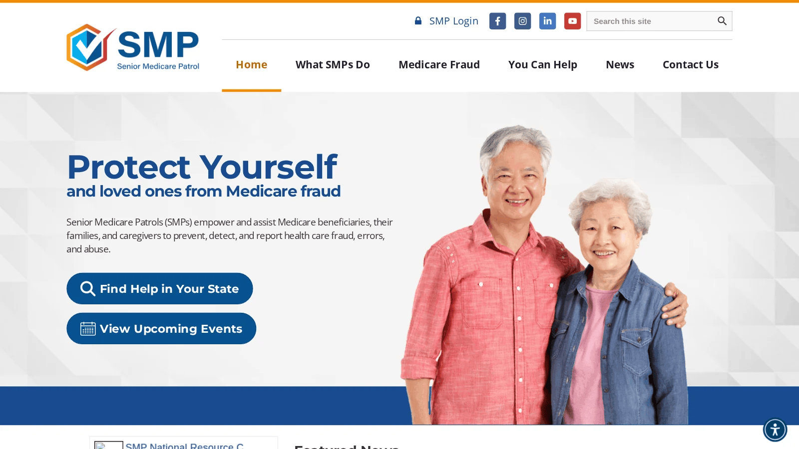 Senior Medicare Patrol homepage with a Protect Yourself hero, Find Help in Your State and View Upcoming Events buttons