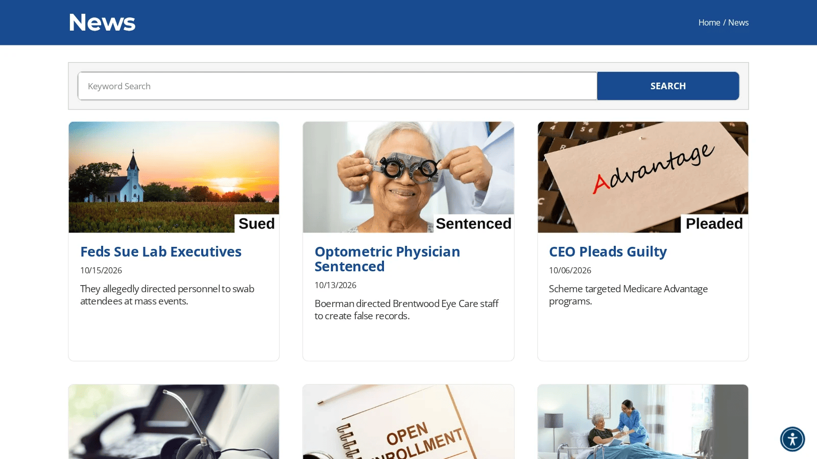 SMP News page with a search bar and a grid of news cards about fraud cases and sentencings