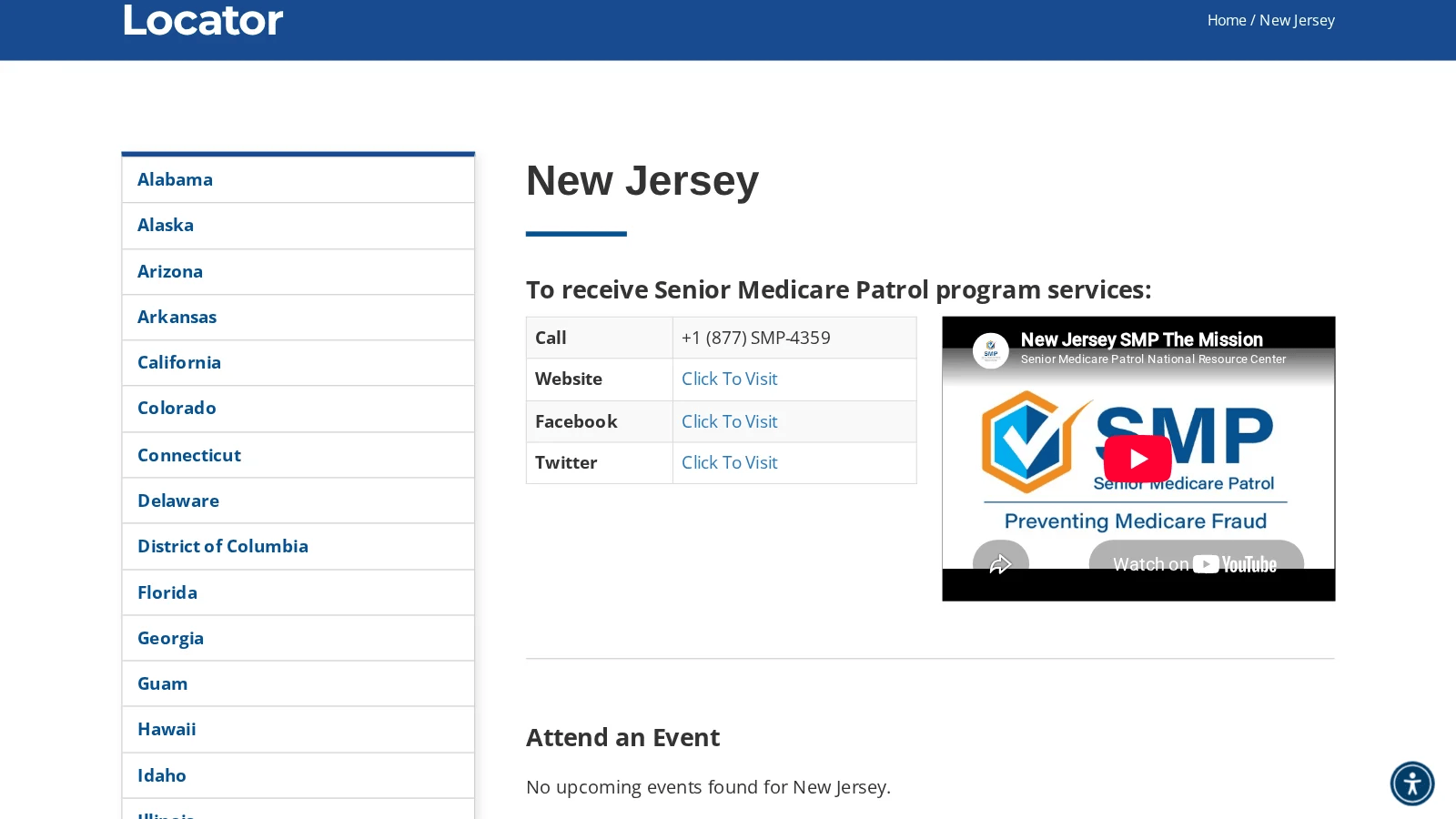 New Jersey SMP state page with phone, website, Facebook and Twitter links beside a New Jersey SMP video and a list of states