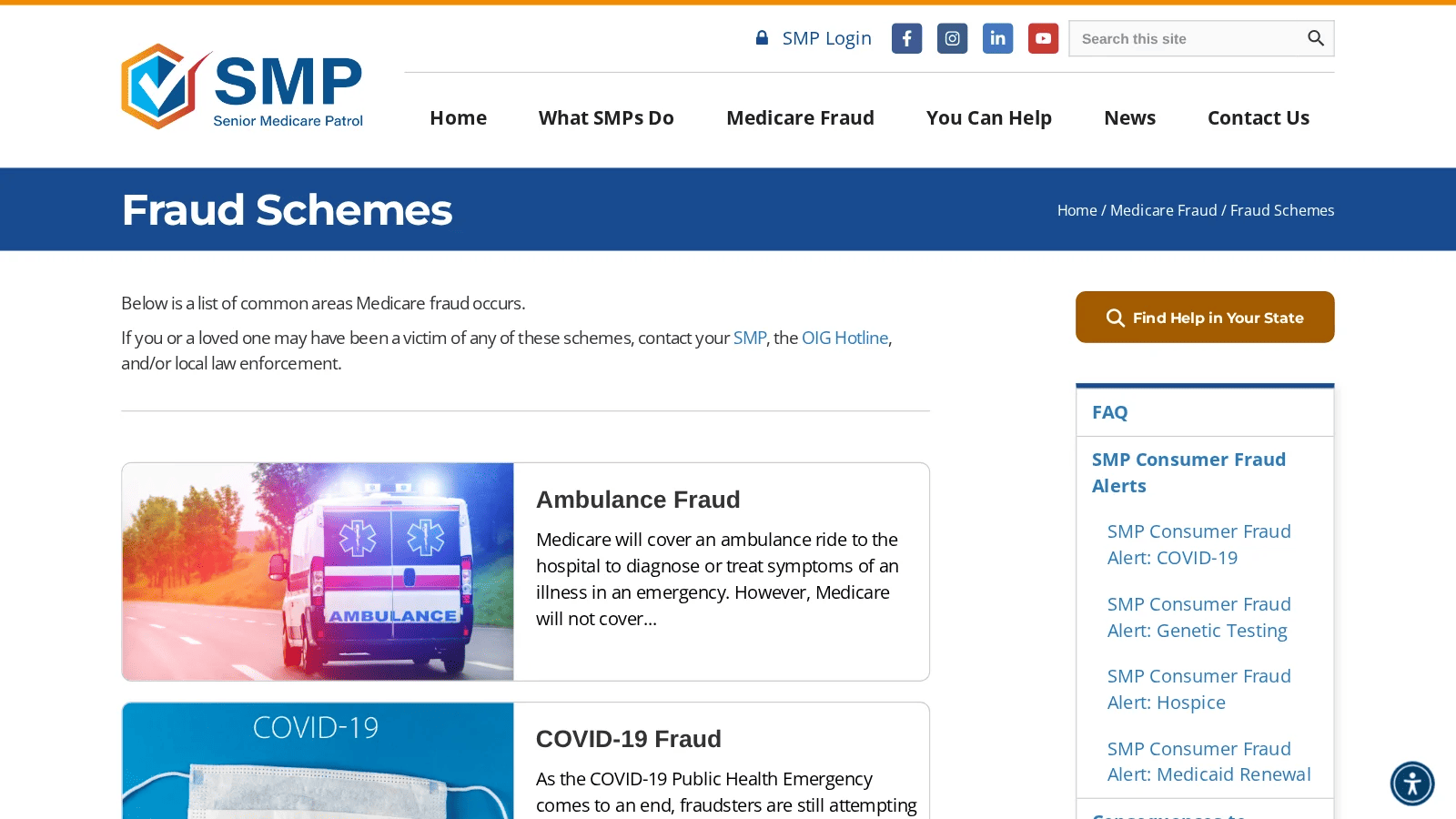 Fraud Schemes page with cards for ambulance fraud, COVID-19 fraud and durable medical equipment fraud beside a Medicare Fraud menu