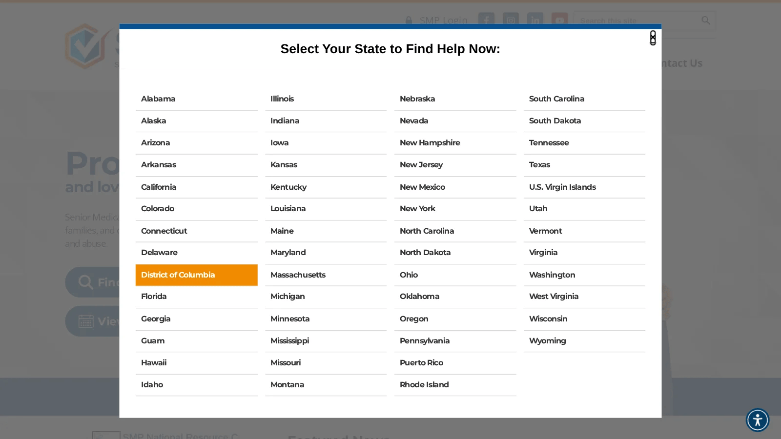 Select Your State to Find Help Now window listing all 50 states plus DC, Guam, Puerto Rico and the U.S. Virgin Islands