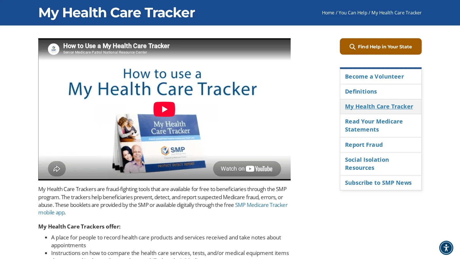My Health Care Tracker page with a How to use a My Health Care Tracker video and a list of what the trackers offer