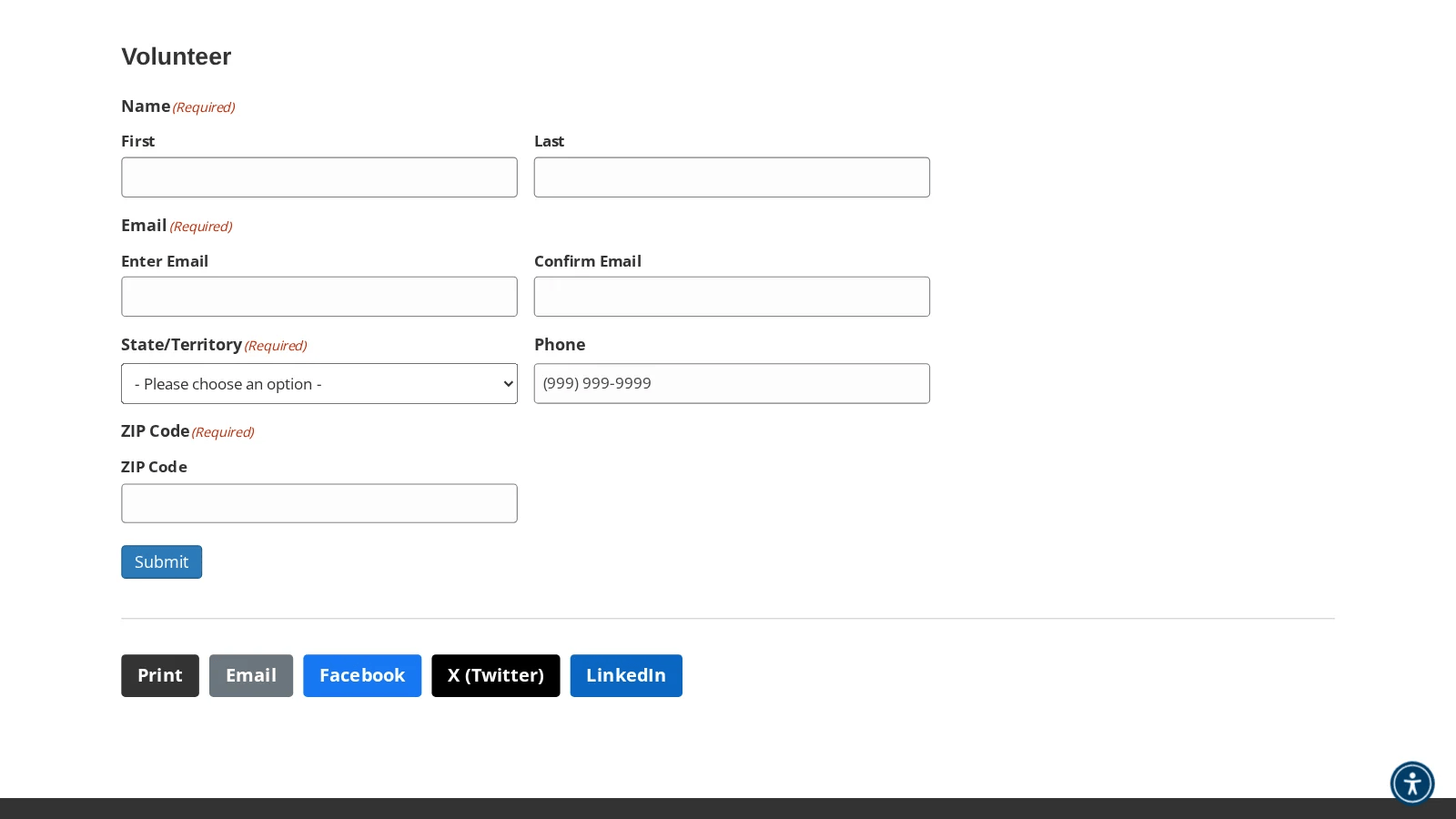 Become a Volunteer page with a volunteer signup form