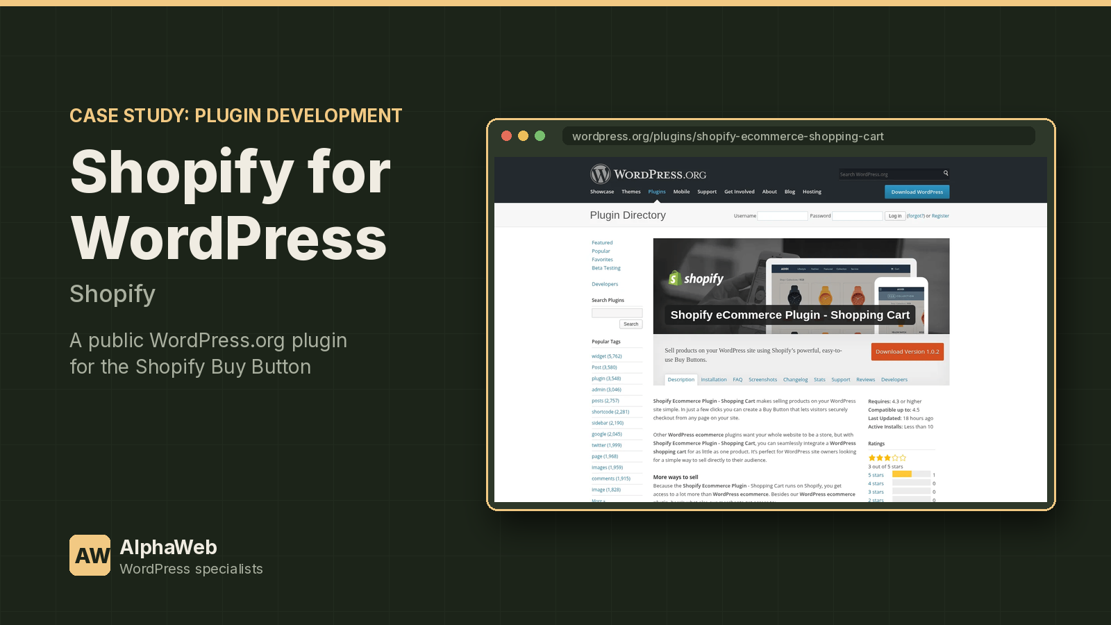Shopify for WordPress case study card for Shopify, showing the wordpress.org/plugins/shopify-ecommerce-shopping-cart website from 2016 in a browser frame