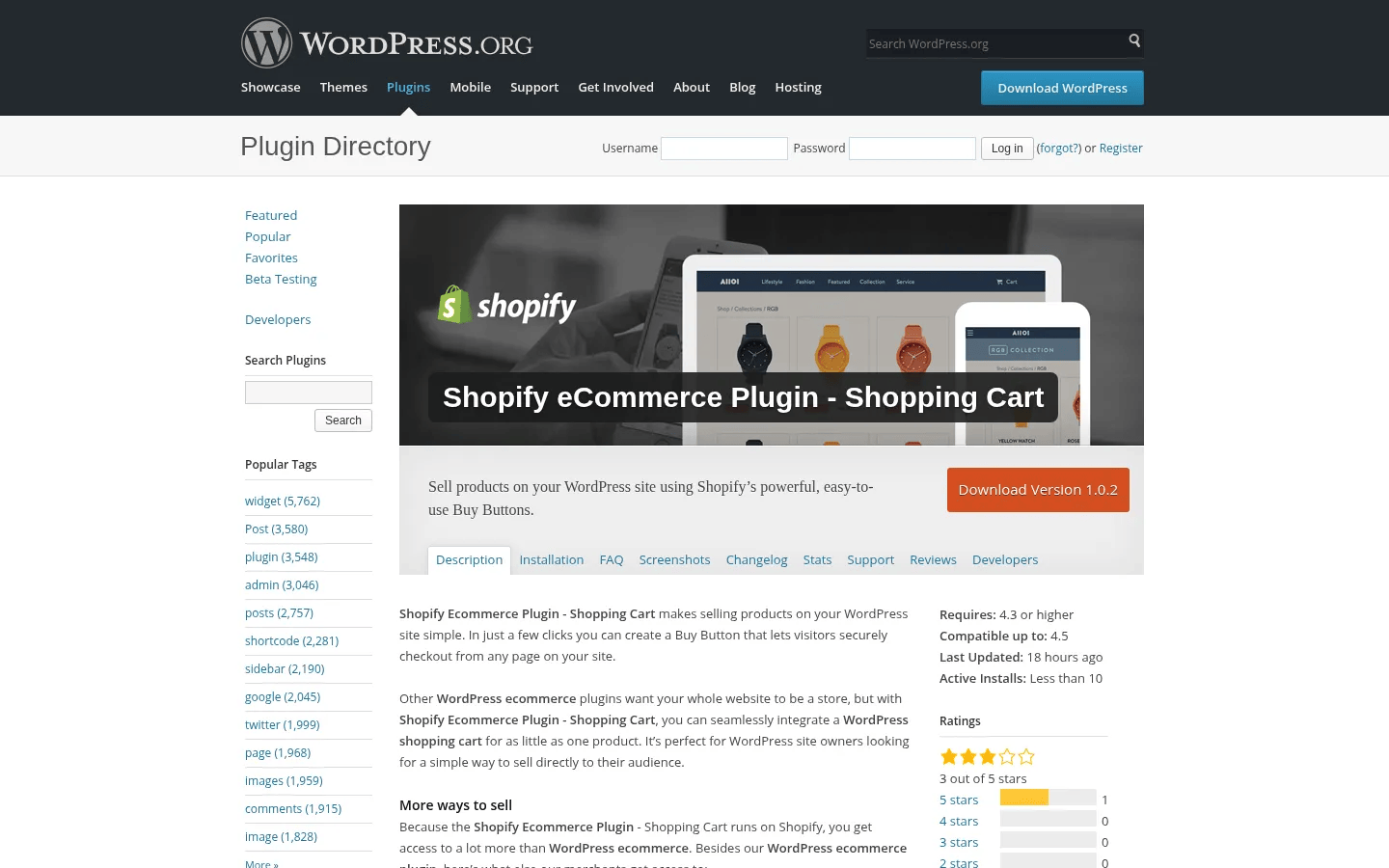 Shopify for WordPress desktop view of wordpress.org/plugins/shopify-ecommerce-shopping-cart, March 2016