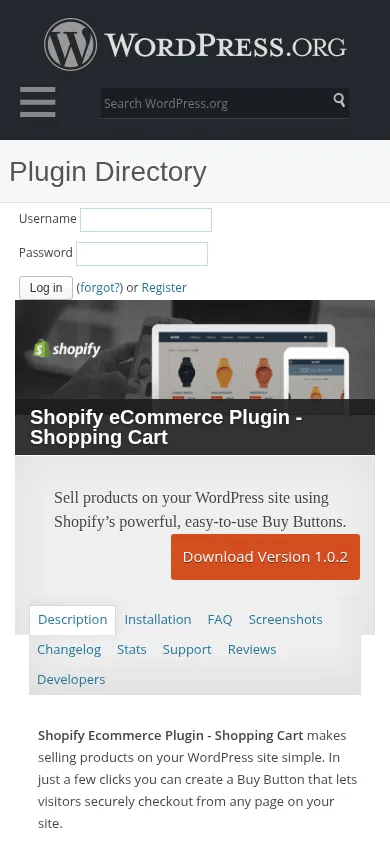 Shopify for WordPress mobile view of wordpress.org/plugins/shopify-ecommerce-shopping-cart, March 2016