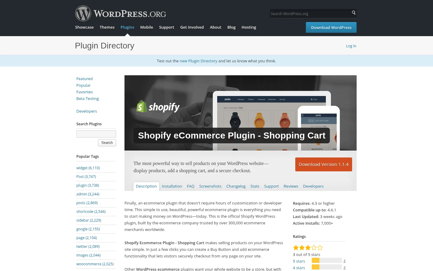 Shopify for WordPress desktop view of wordpress.org/plugins/shopify-ecommerce-shopping-cart, December 2016