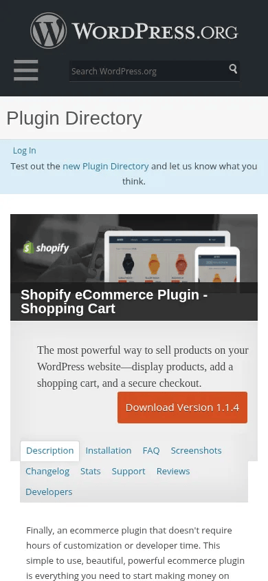 Shopify for WordPress mobile view of wordpress.org/plugins/shopify-ecommerce-shopping-cart, December 2016