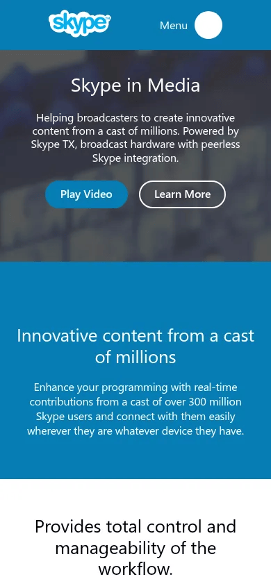 Skype in Media mobile view of media.skype.com, October 2016