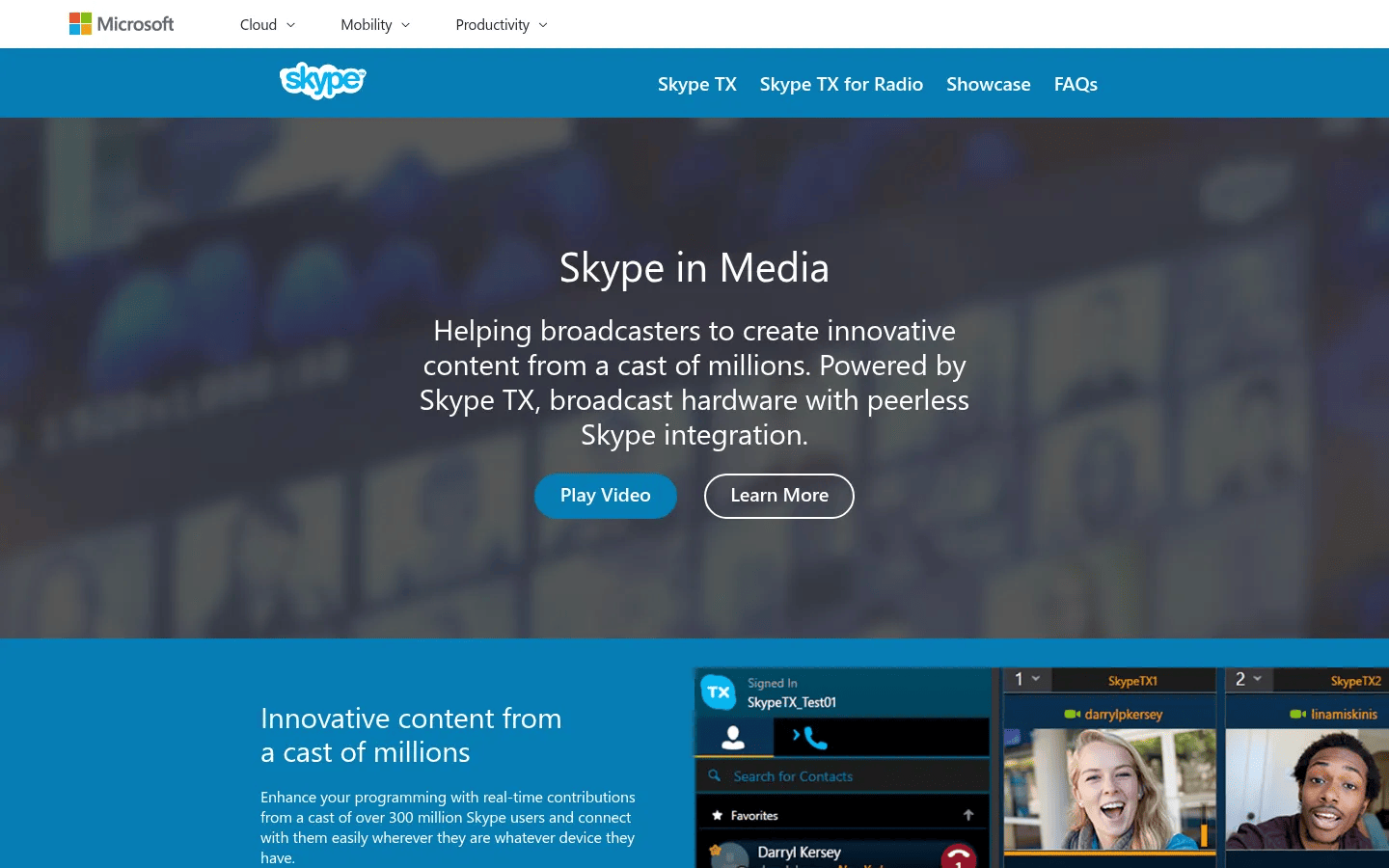 Skype in Media desktop view of media.skype.com, November 2017