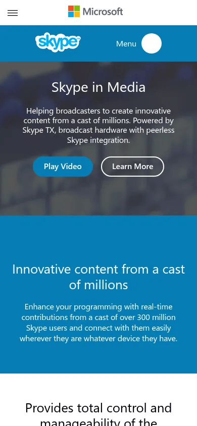 Skype in Media mobile view of media.skype.com, November 2017