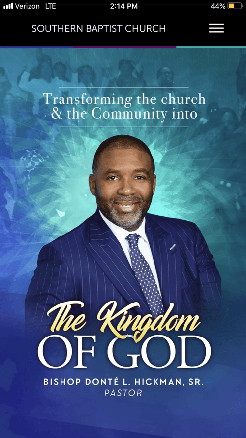 Southern Baptist Church app home screen with Bishop Donté L. Hickman, Sr.