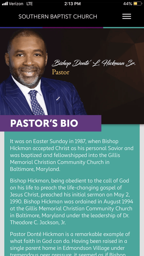 Southern Baptist Church app pastor's bio