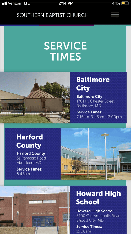 Southern Baptist Church app service times by location