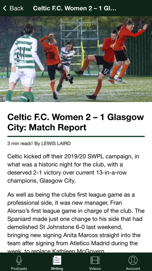 The Cynic Player app article view with a Celtic match report