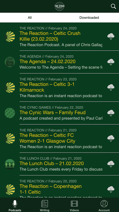 The Cynic Player app podcast list with Celtic episodes