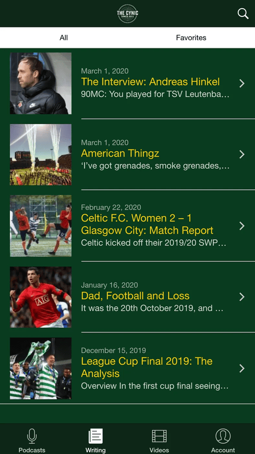The Cynic Player app writing feed with Celtic articles