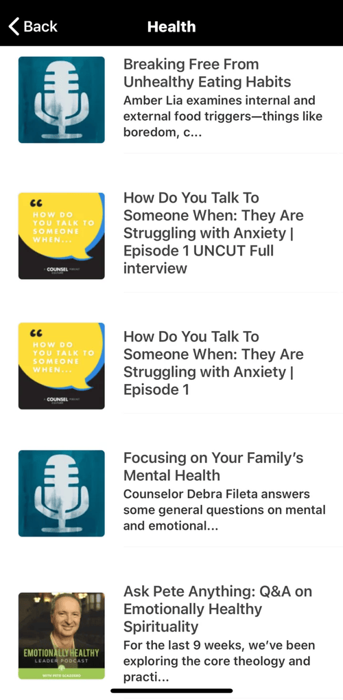Thrivecast app Health topic feed