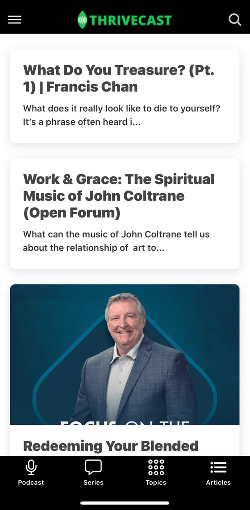 Thrivecast app home feed with featured articles