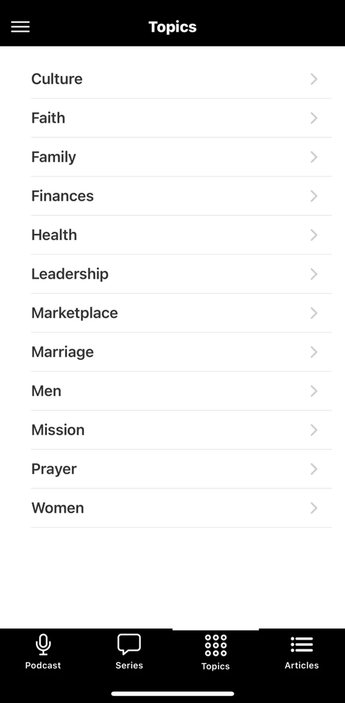 Thrivecast app topics menu