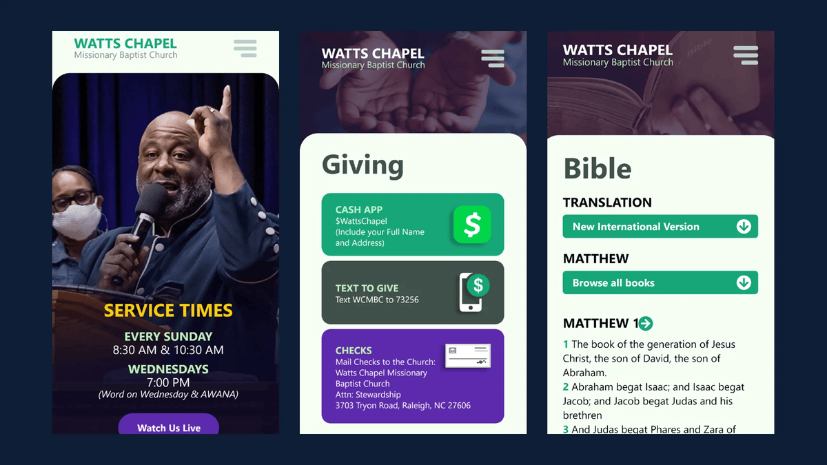 Watts Chapel app featured image: three iPhone screens with service times, giving and the Bible reader