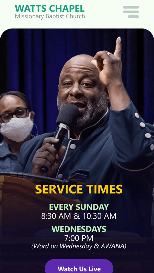 Watts Chapel app home screen with service times and Watch Us Live