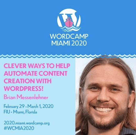 WordCamp Miami 2020 speaker card for Clever Ways to Help Automate Content Creation with WordPress