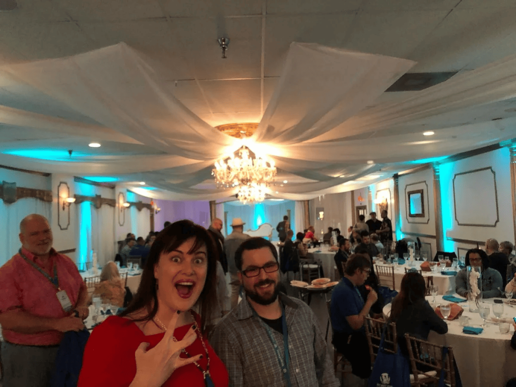 Guests at the WordCamp Miami 2020 speaker and sponsor dinner in a banquet hall