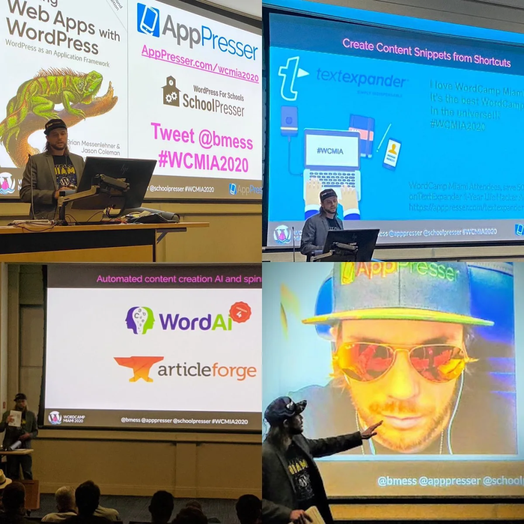 Collage of slides from the WordCamp Miami 2020 talk
