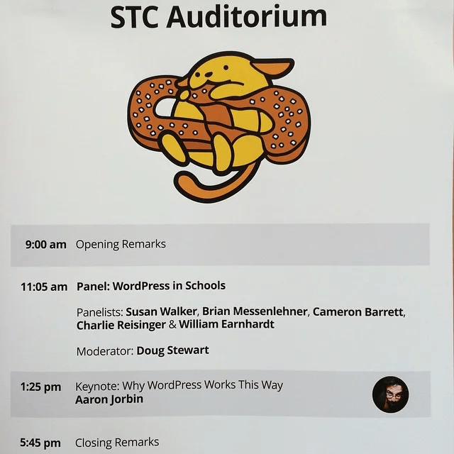 WordCamp Philly 2015 STC Auditorium schedule listing the 11:05 am WordPress in Schools panel