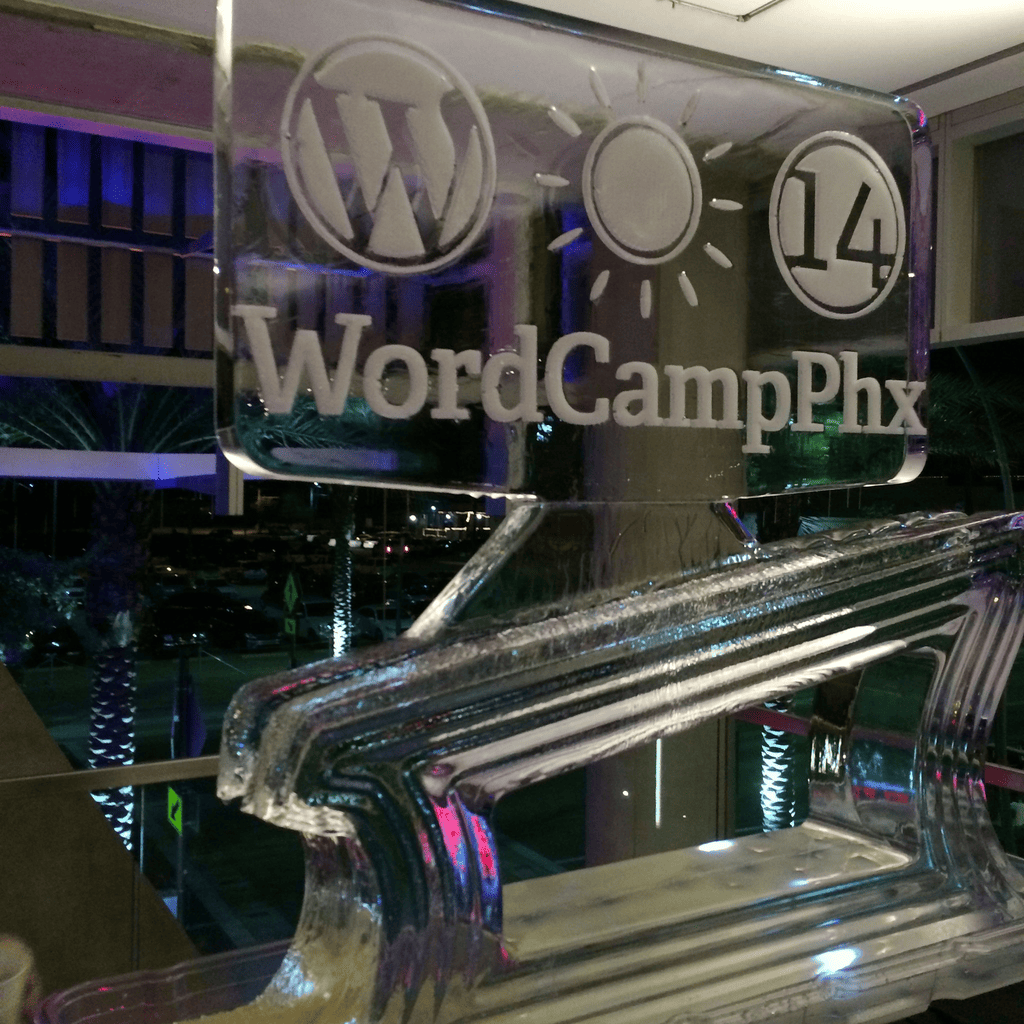WordCamp Phoenix 2014 logo carved into an ice sculpture