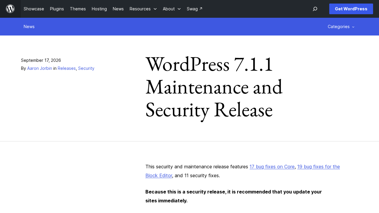WordPress 7.1.1 Fixes Comment XSS Plus 36 Core and Editor Bugs