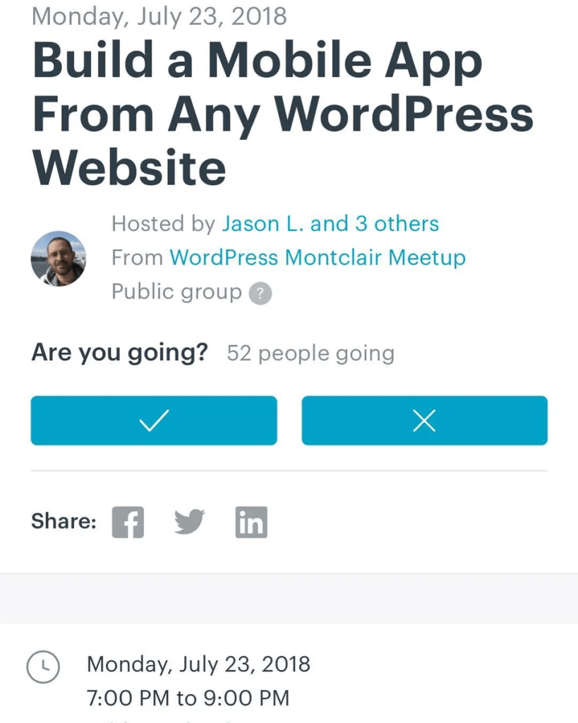 Meetup listing for Build a Mobile App From Any WordPress Website