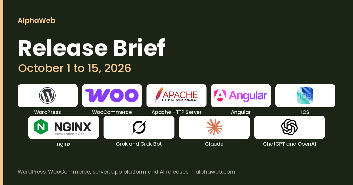 Release Brief for October 1 to 15, 2026: WordPress, WooCommerce, Apache, Angular, iOS, nginx, Grok and Grok Bot, Claude and ChatGPT and OpenAI